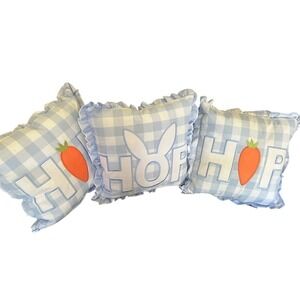 Celebrate Together Blue Checkered Gingham 3 Pillow Set Easter "HOP" Embroidered